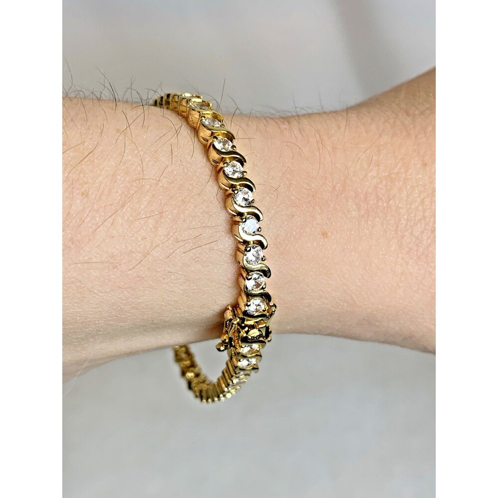 DBJ 925 Sterling Silver Gold Tone Tennis Bracelet CZ Prong Set 7" Vintage Signed - Picture 2 of 14